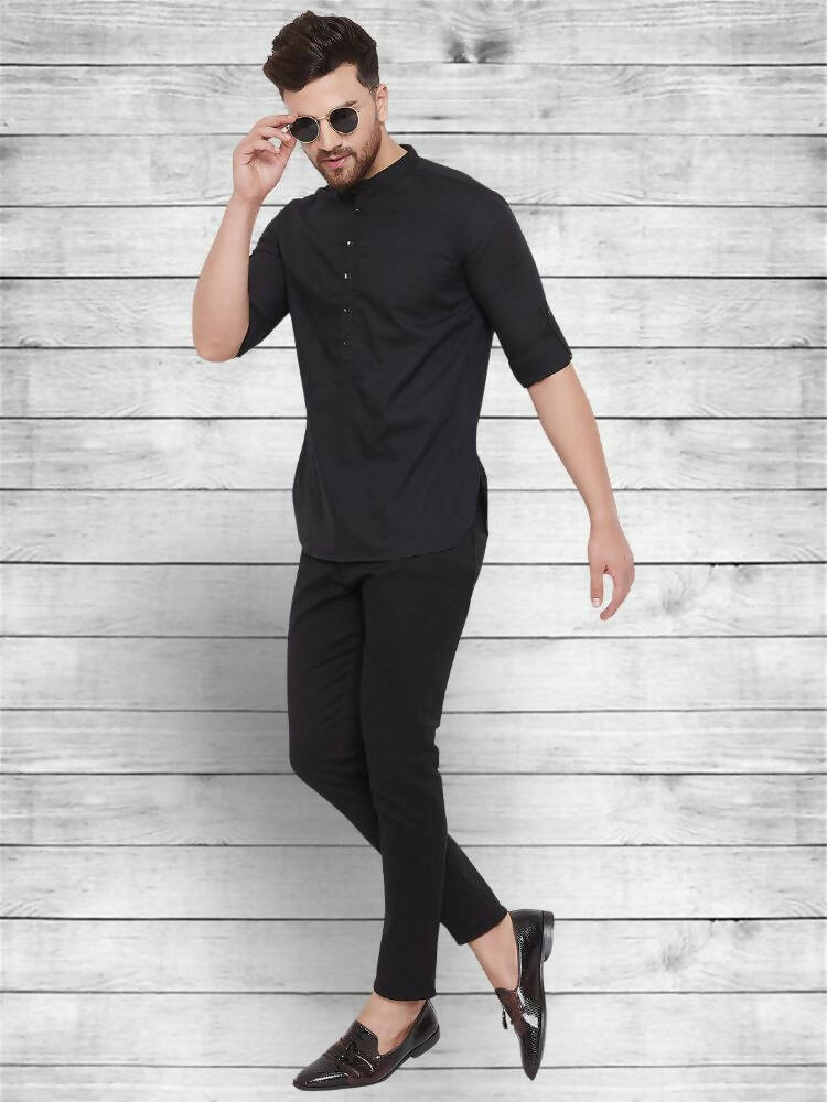 Even Apparels Pure Cotton Black Short Kurta - Black