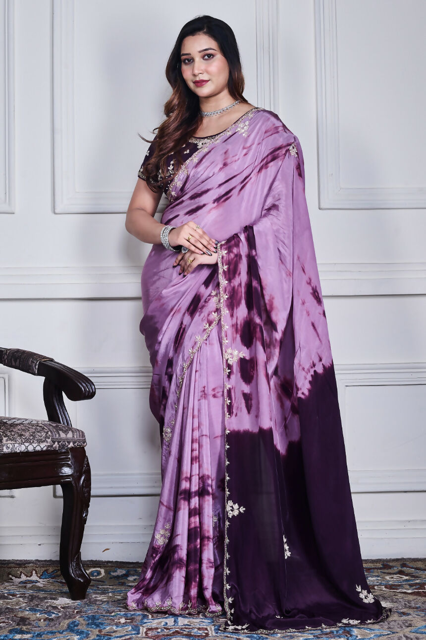 Morchari Wine Crepe Hand Embroidery Saree And Stitched Blouse - Distacart