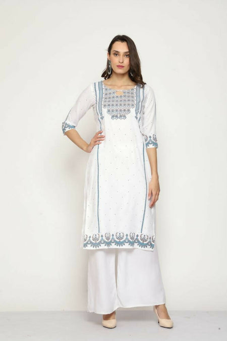 Maai Rayon Hand Printed Kurta Off-White