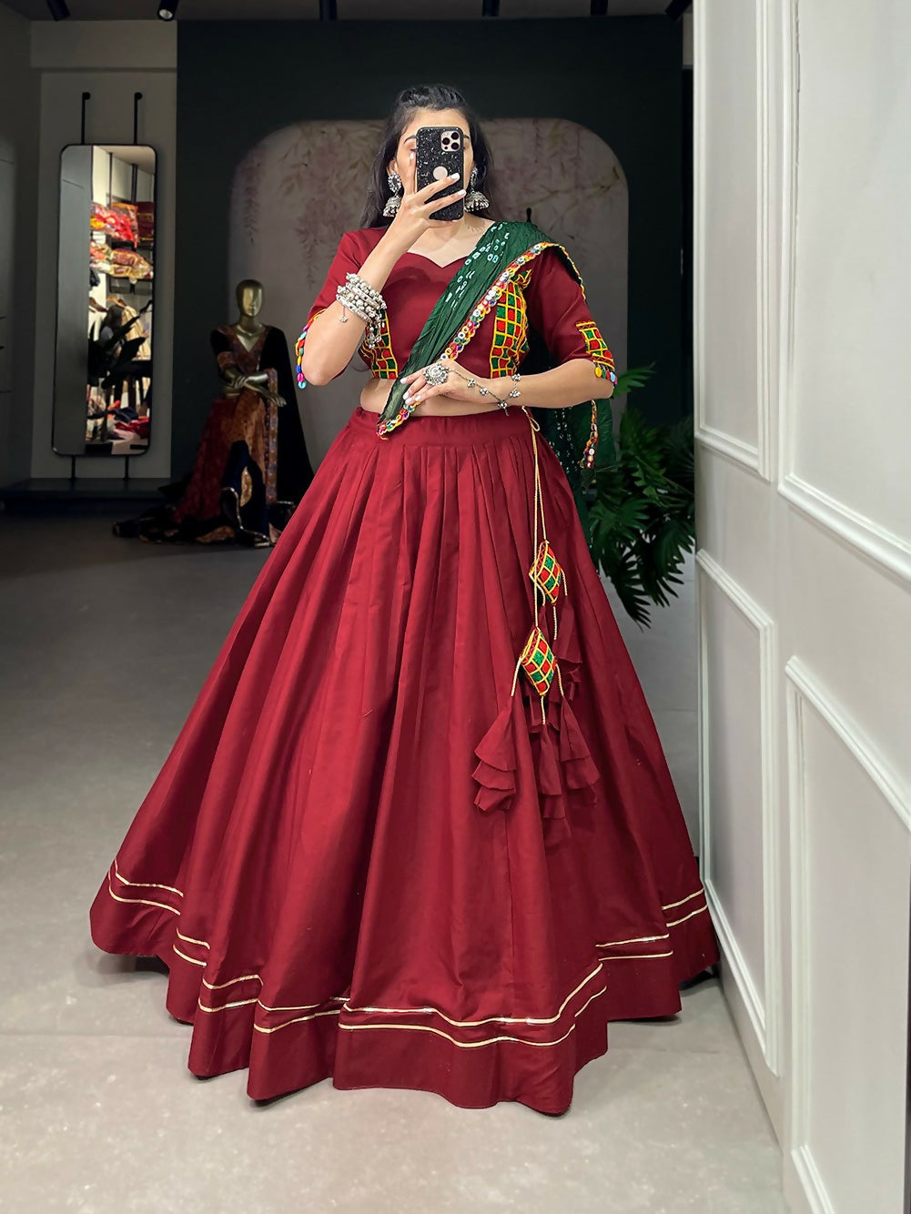 Vastranavya Navaratri Special Pure Cotton Plain With Gotta Patti Touch Up Lehenga Stitched Choli - Maroon