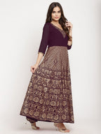 Ahalyaa Women's Wine Georgette Gold Foil Print Flared Kurta With Dupatta