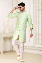 Raivat Ethnic Banarasi Jacquard Embroidery Semi Indo Western Sherwani In Pista Green Colour