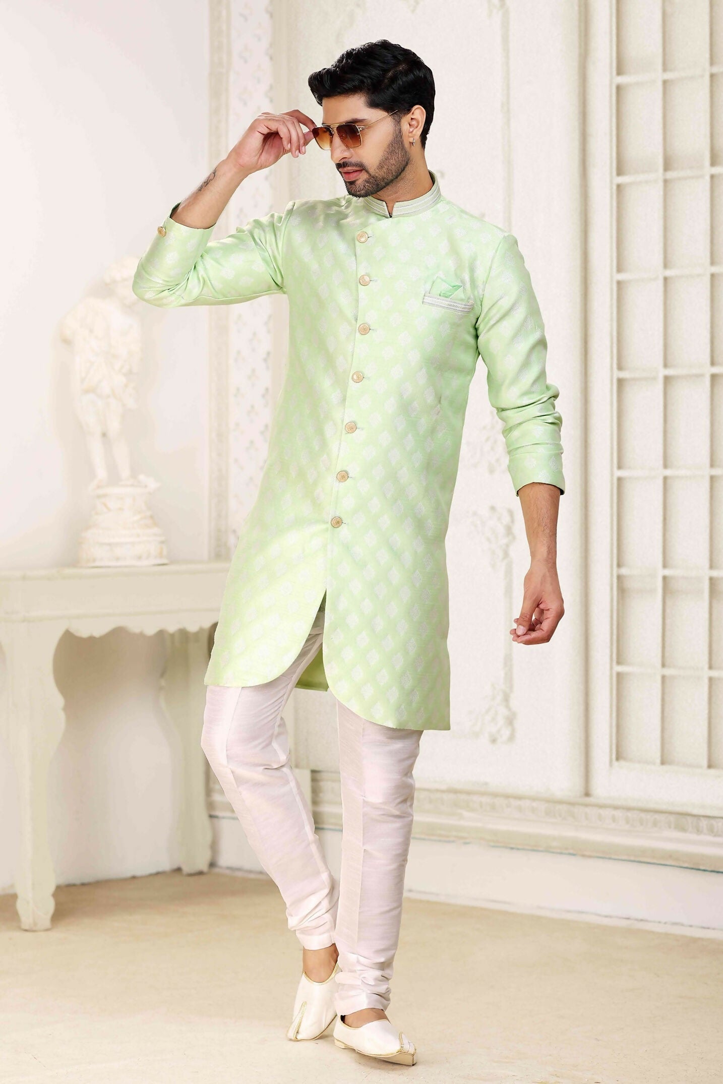 Raivat Ethnic Banarasi Jacquard Embroidery Semi Indo Western Sherwani In Pista Green Colour