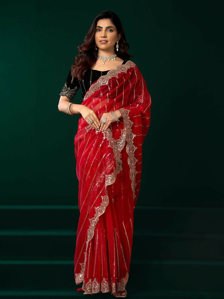 Joban Fashion Red Net Party Wear Sarees - Distacart