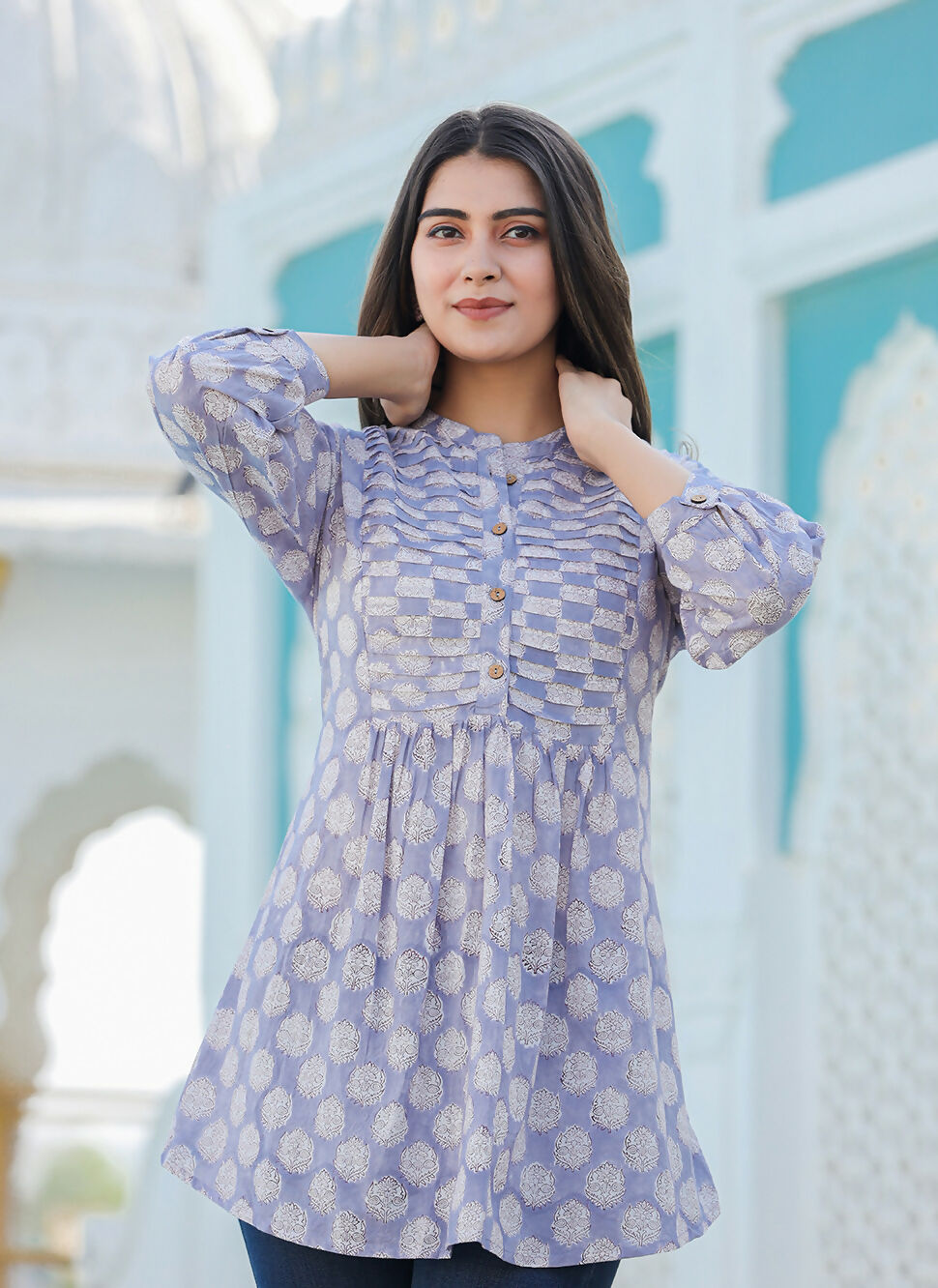 Kaajh Women's Grey Hand Block Printed Cotton Top