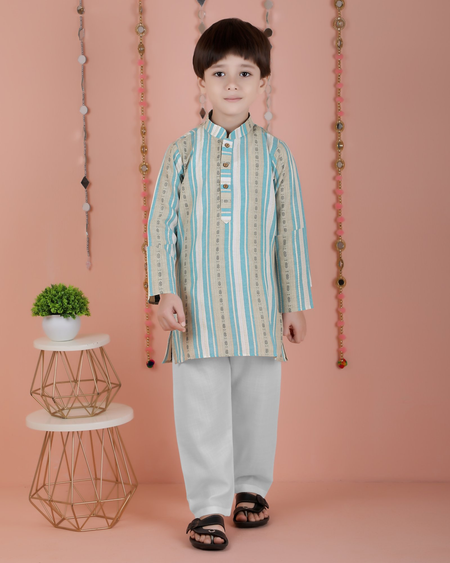 Joban Fashion Kids Island Cotton Full Sleeves Striped Kurta and Pyjama- Blue