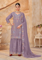 Anaita Lavender Vichitra Silk Readymade Palazzo Suit with Embroidery & Lace Work - Distacart