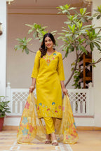 The52 Yellow Women's Gorgeous Embroidered work Viscose Gadhwal Fabric Straight Kurta, Pant and Dupatta Set - Distacart