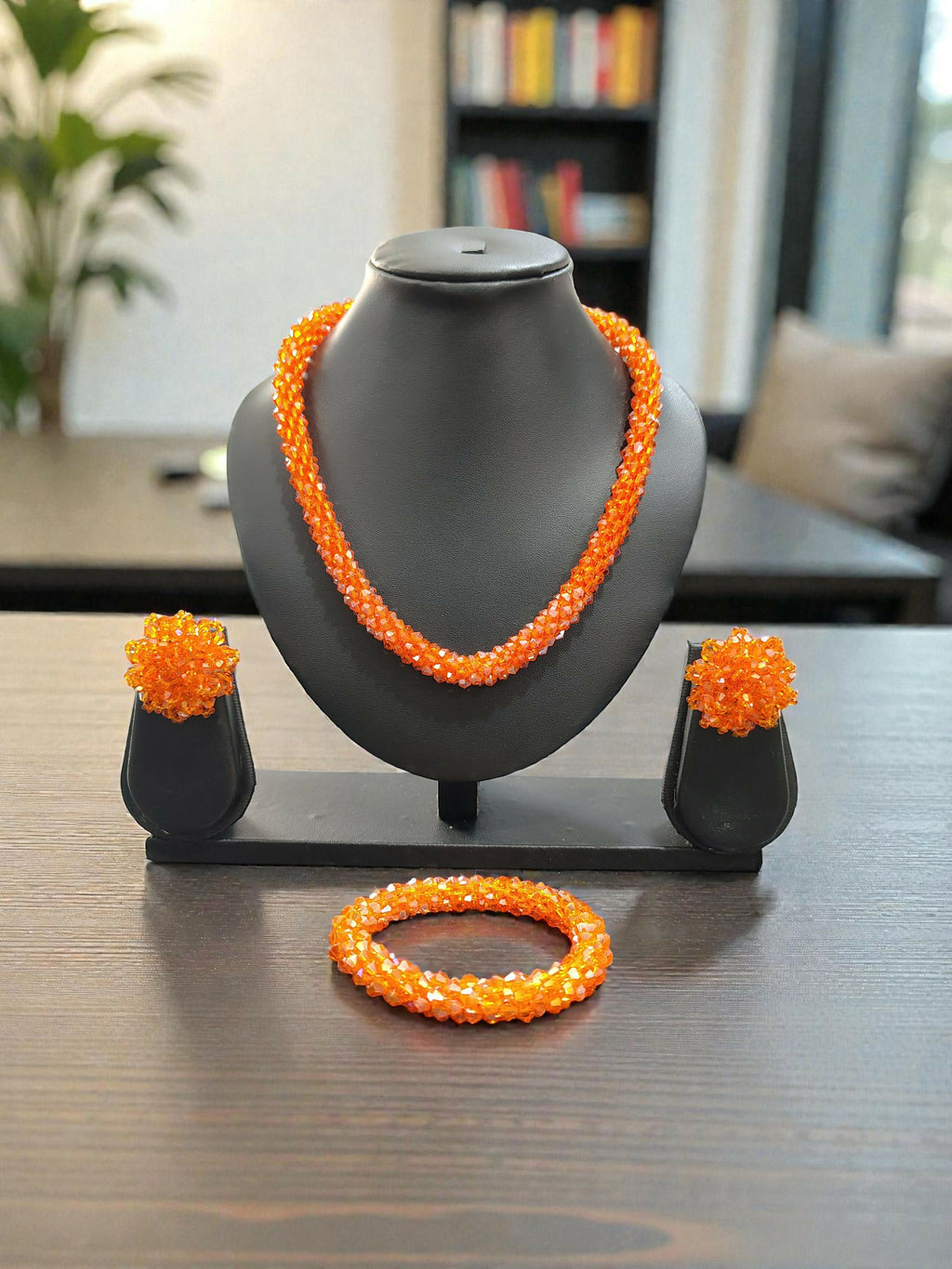 Inhanns Complete Look Crystal Statement 3-Piece Set (Adjustable Necklace + Earrings + Adjustable Bangle ) - Orange