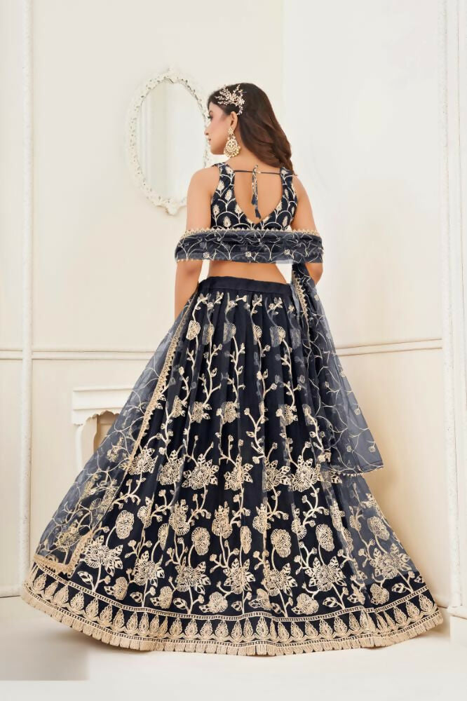 Aastha Fashion Black Butterfly Net White Cotton Thread Work And Sequence Work Embroidery Wedding Wear Lehenga Choli