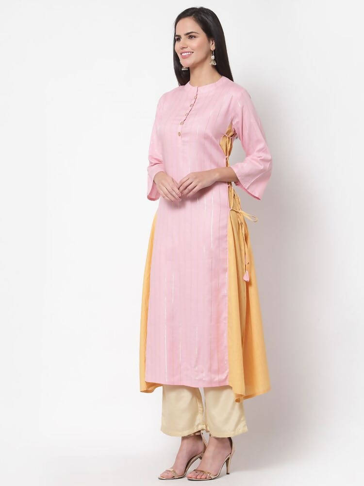 Myshka Women's Pink Solid 3/4 Sleeve Cotton Round Neck Dress