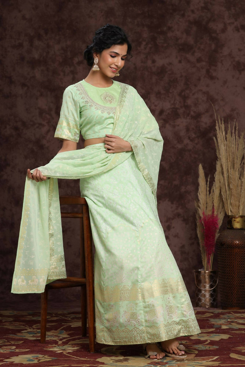 Juniper Women Mint Shantoon Embroidered Flared Lehenga Choli Sets - Distacart