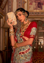 Red P V Silk Digital Print, Zari Work Printed Saree - Rewaa Parampara