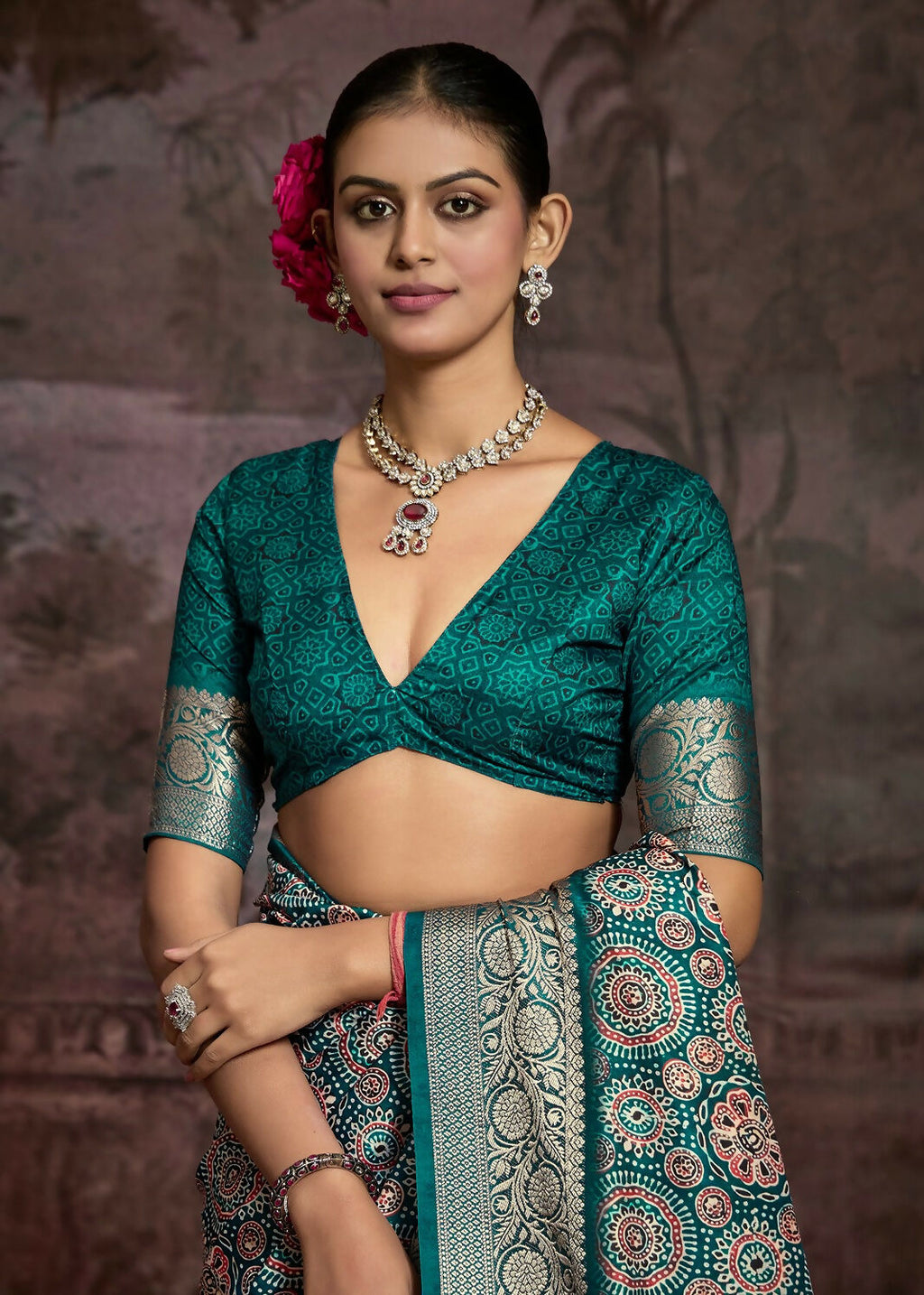 Joban Fashion Teal Green Art Silk With Fine Viscose Border Ajrak Full Body Print With Soft Finish Saree - Distacart