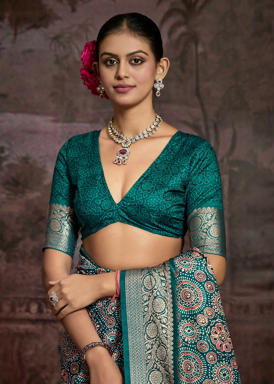 Joban Fashion Teal Green Art Silk With Fine Viscose Border Ajrak Full Body Print With Soft Finish Saree - Distacart