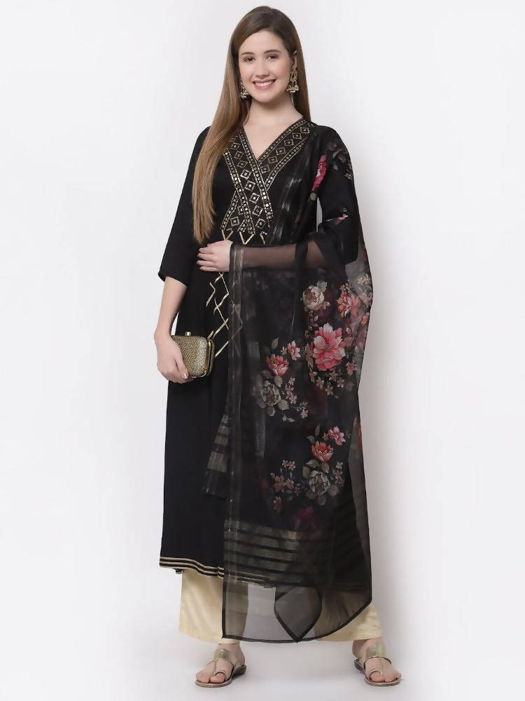 Myshka Black Color Rayon Embroidered 3/4 Sleeve Kurta With Dupatta Set