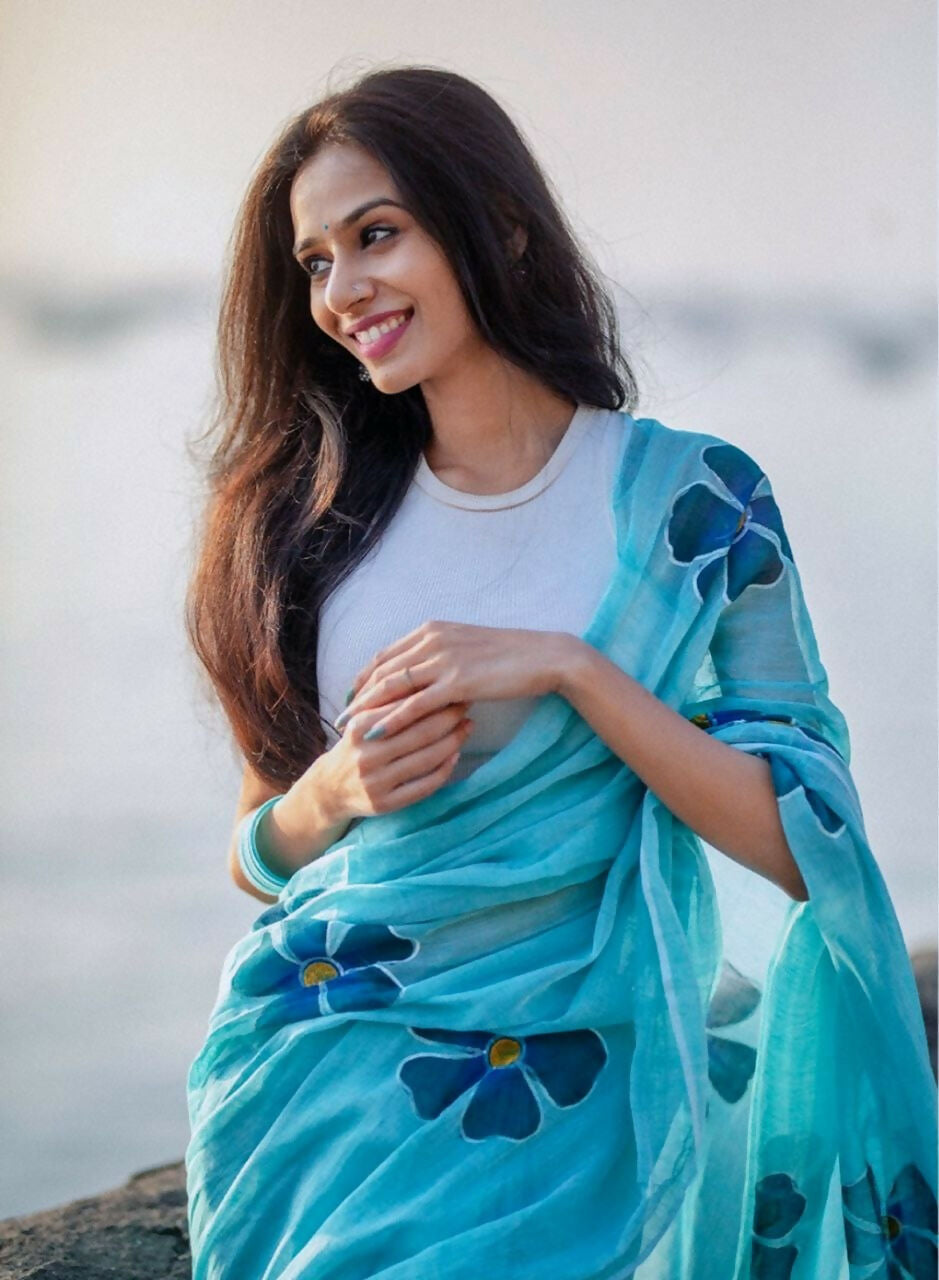 Prime Volt Women's Sky Blue Floral Digital Print Soft Linen Saree With Blouse - Distacart