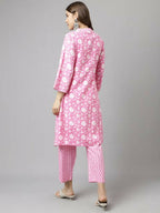 FIORRA Women's Pink Cotton A-Line Kurta Set