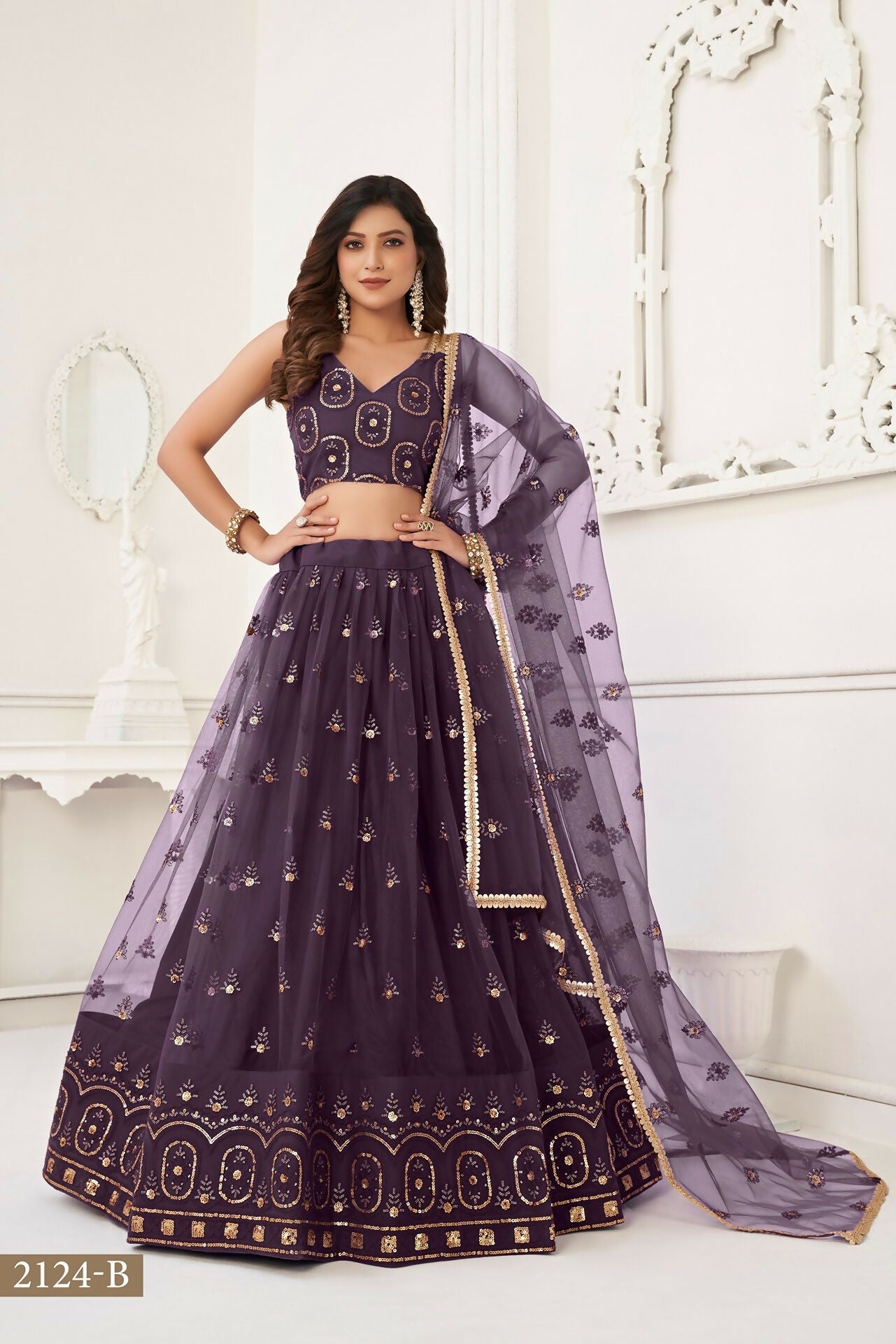 Eilara Women'S Dusty Wine Butterfly Net With Tone Thread Work And Sandwich Embroidered Work Lehenga Choli For Wedding