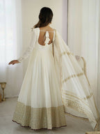 Teeya Creation White Chinon Silk Gown - Distacart