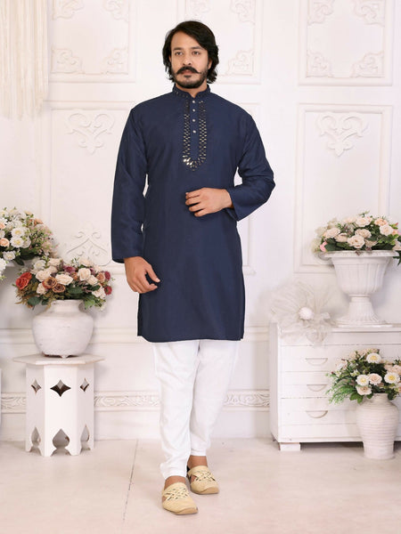 Anaita Navy Silk Straight Kurta With Neck Mirror Work