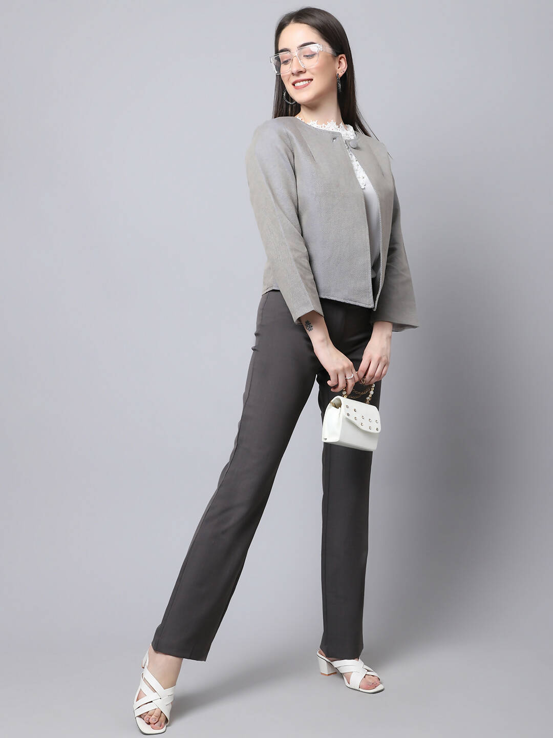 Even Apparels Grey Polywool Open Front Statement Women's Jacket (BF006)