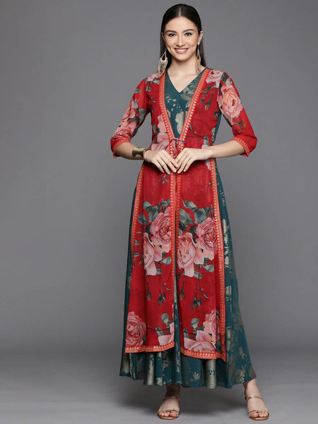 Ahalyaa Women's Green Crepe Gold Smoke Printed Dress
