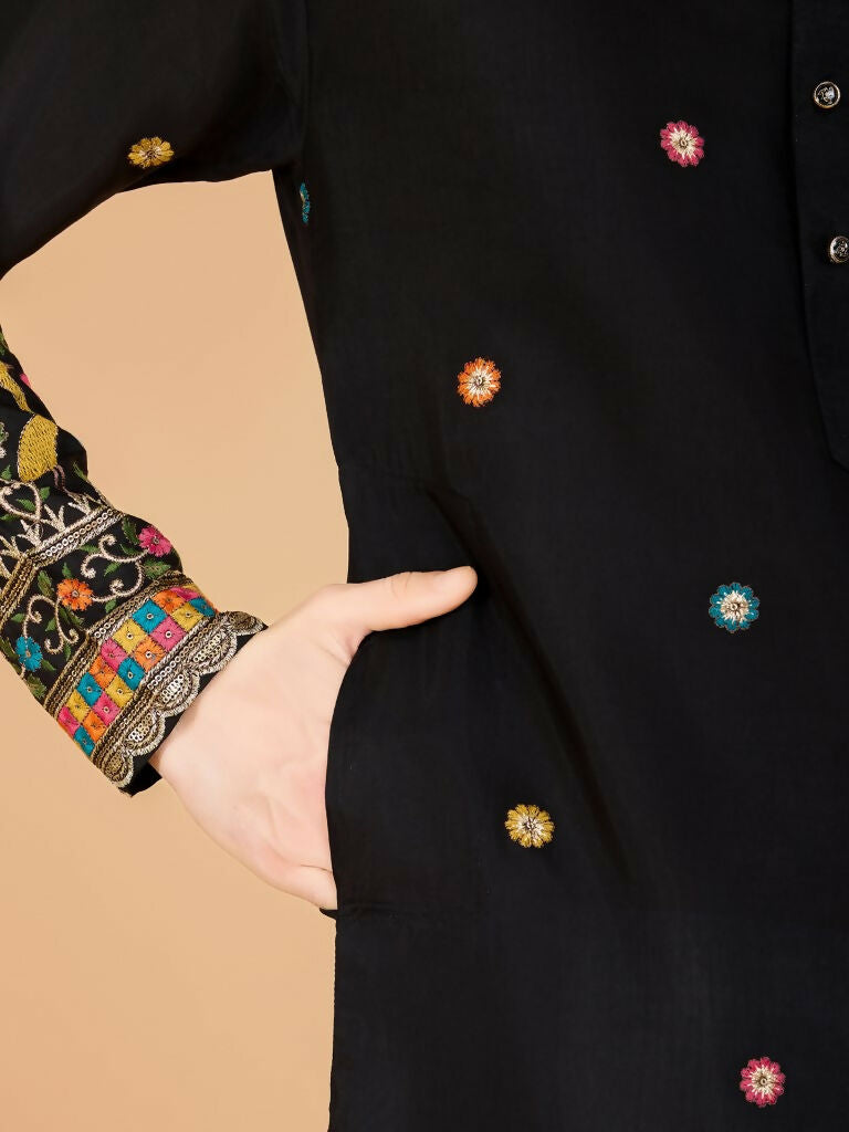 Vastranavya Black Exclusive Festival Wear Viscose Silk Thread & Sequence Embroidered Work Kurta