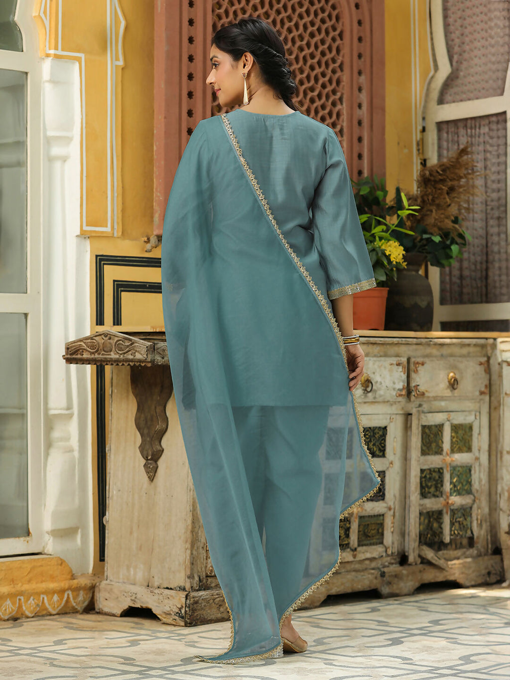 Janasya Light Blue Silk Blend Solid Kurta,Bottom & Dupatta