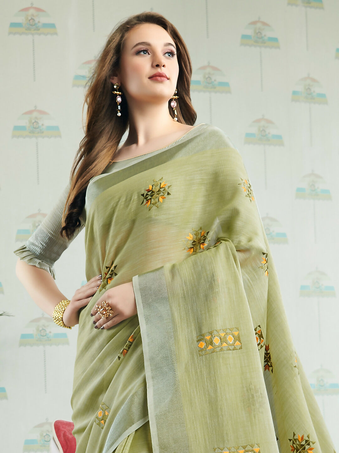 Shree Shyam Fashion Linen Pista Green Saree - Distacart