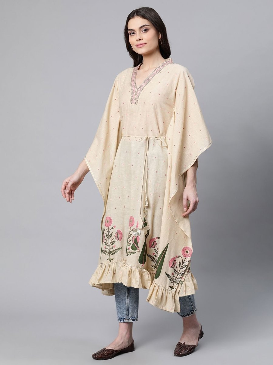 Ahalyaa Women Beige Pure Cotton Floral Printed Kaftan Kurta - Distacart