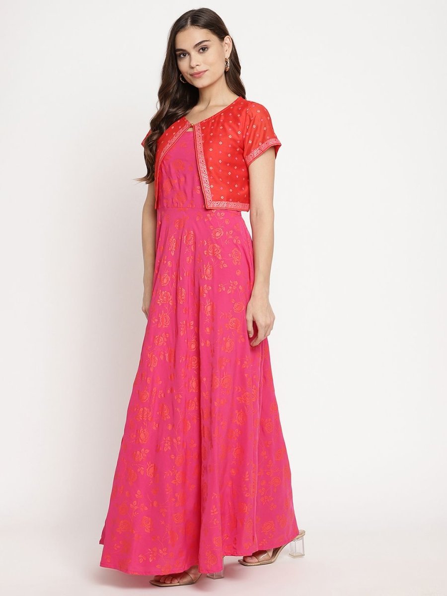 Ahalyaa Pink Crepe Orange khari Print Kurta with Jacket