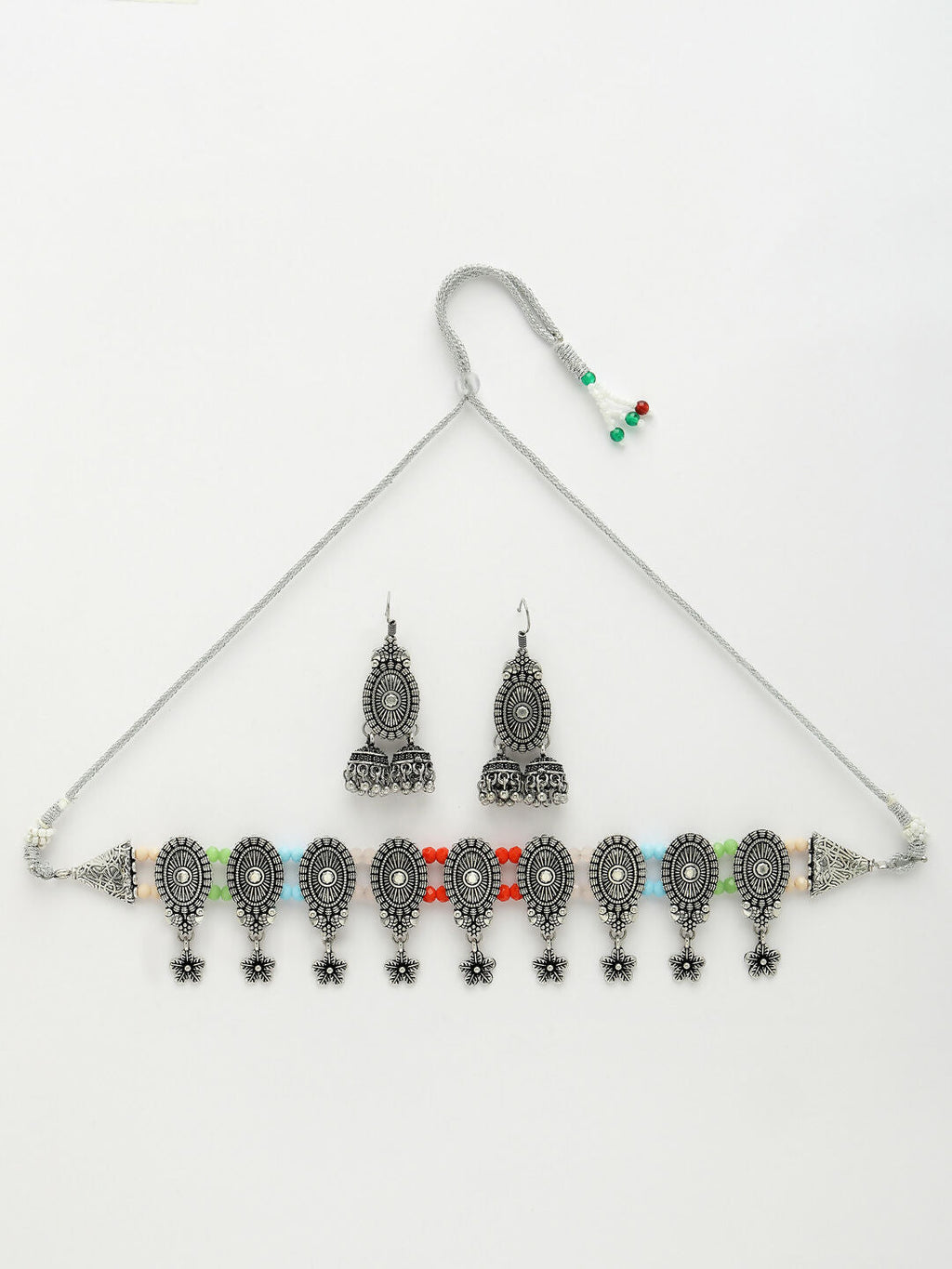 NVR Women's Silver-Plated Choke Oxidized Necklace with Jhumka Earrings