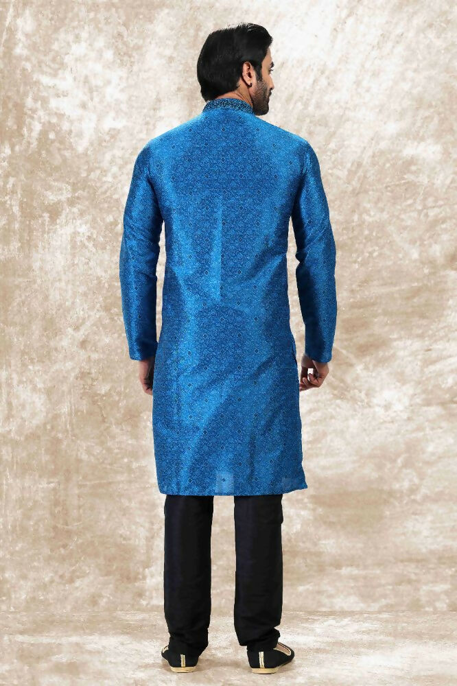 Raivat Ethnic Jacquard Silk Brocade Thread Work Kurta Pajama In Blue Colour