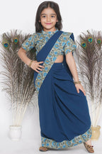 Little Bansi Floral Print Ready To Wear Saree And Floral Blouse - Blue