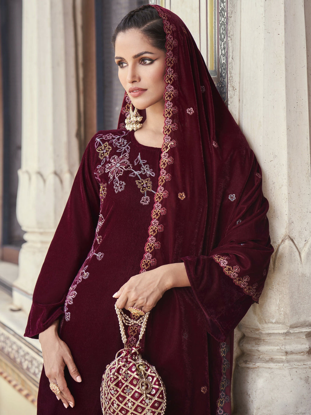 Jyoti Fashion Women's Maroon Velvet Resham Thread with Jari & Sequin Kurta with Trouser & Dupatta