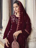 Jyoti Fashion Women's Maroon Velvet Resham Thread with Jari & Sequin Kurta with Trouser & Dupatta