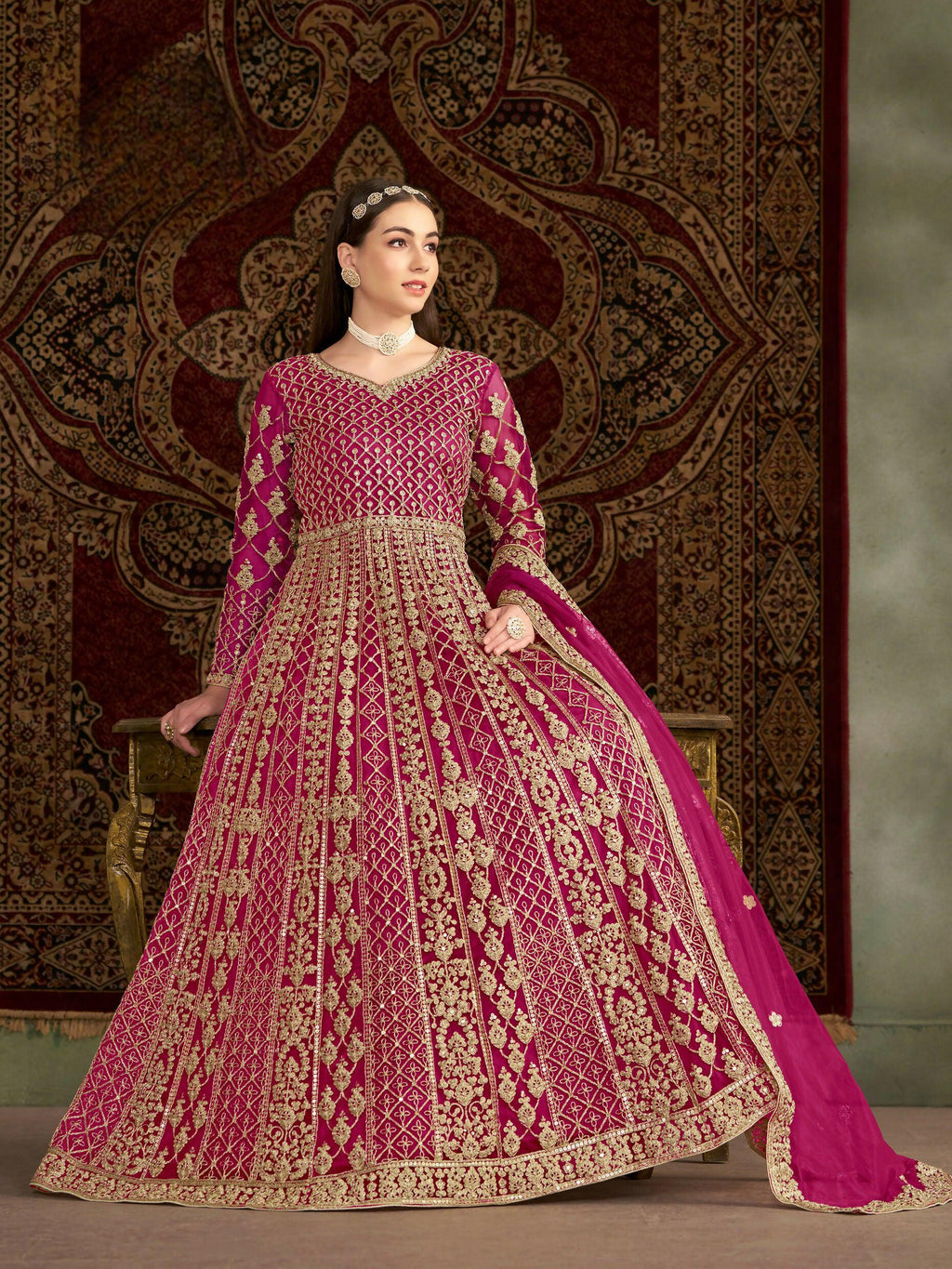 Anaita Rani Pink Embroidered Net Stitched Anarkali Suit - Distacart