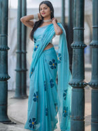 Prime Volt Women's Sky Blue Floral Digital Print Soft Linen Saree With Blouse - Distacart