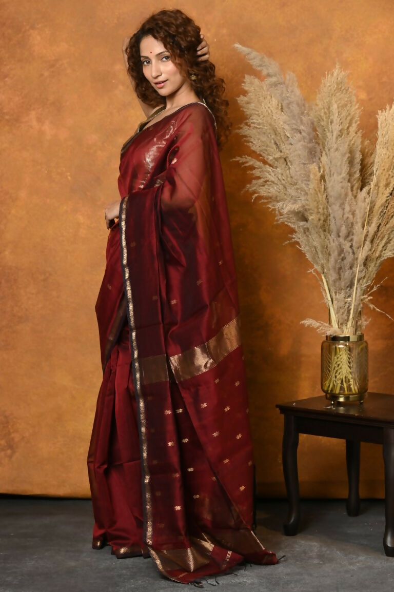 Very Much Indian Handloom Pure Cotton Silk Saree With Sleek Golden Border - Maroon