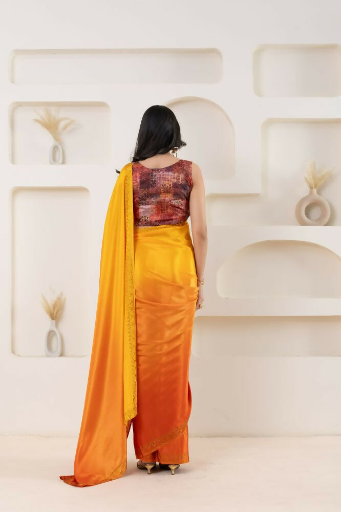 Yellow Satin Pedding Designer, Printed Party Wear Ready To Wear Saree - Femina