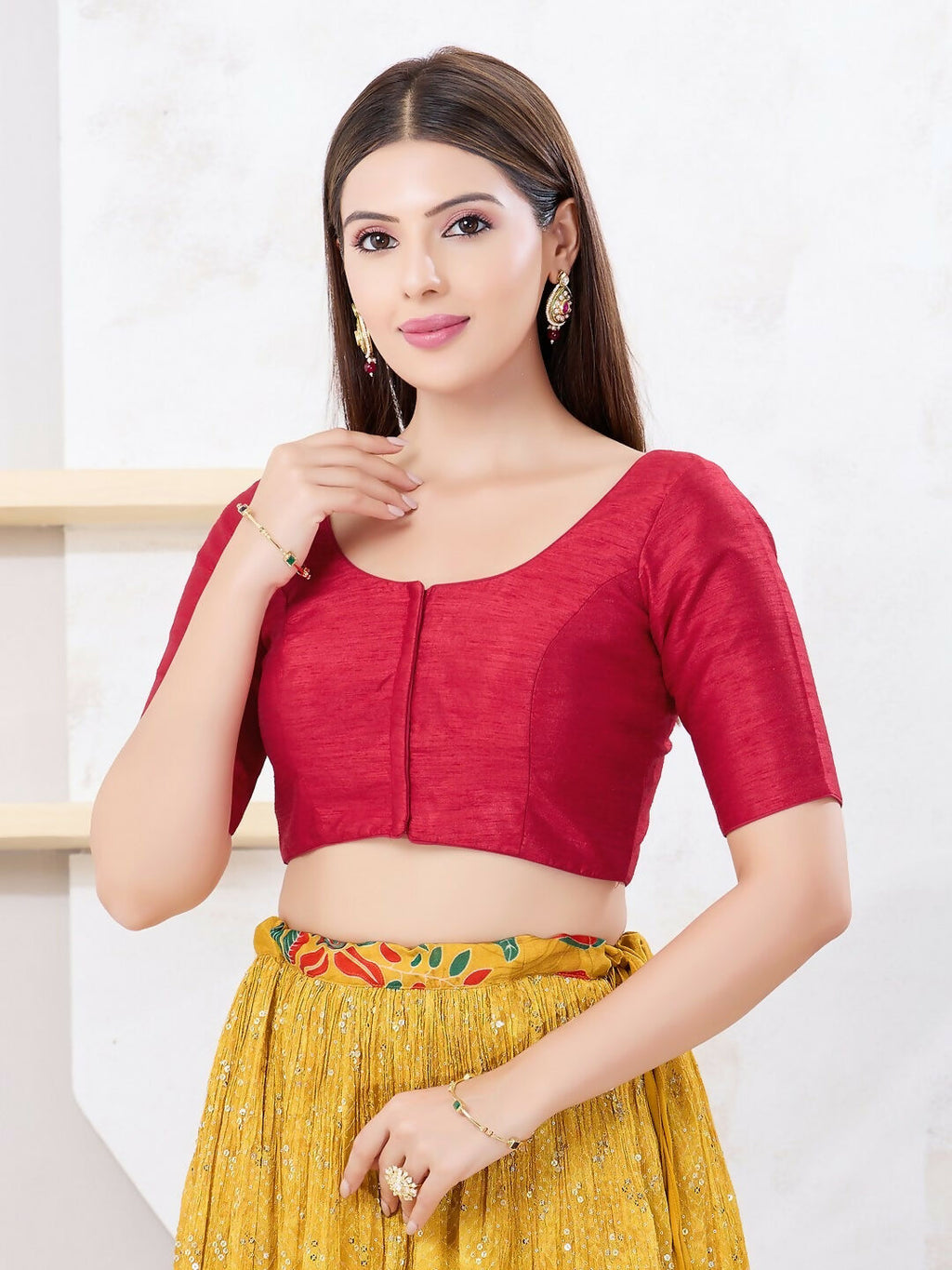 Joban Fashion Pinkish-Maroon Dupion Silk Elbow Sleeveless Front Open Blouse