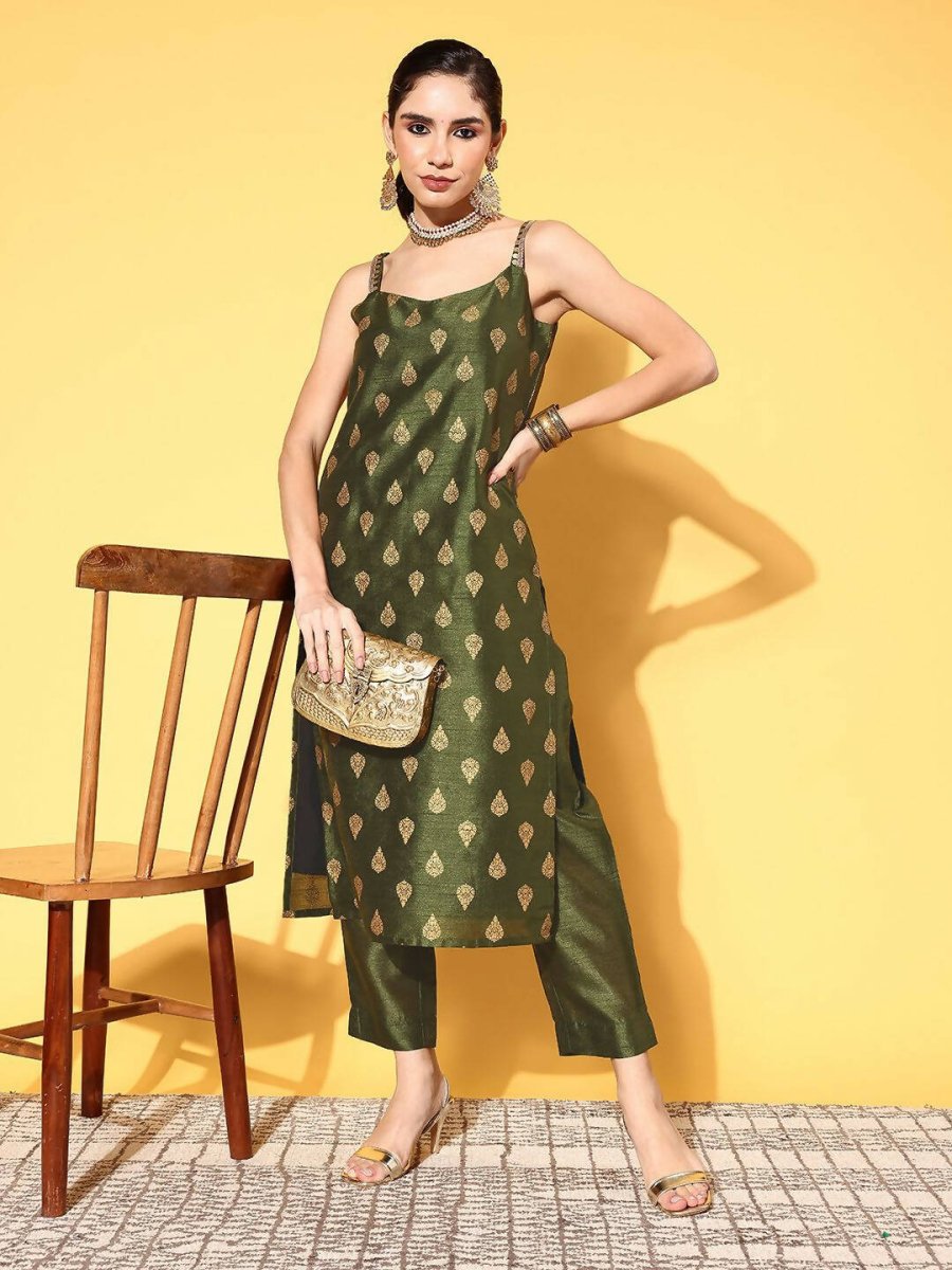 Ahalyaa Women's Olive Colour Poly Silk Gold Printed Kurta Pant Set - Distacart