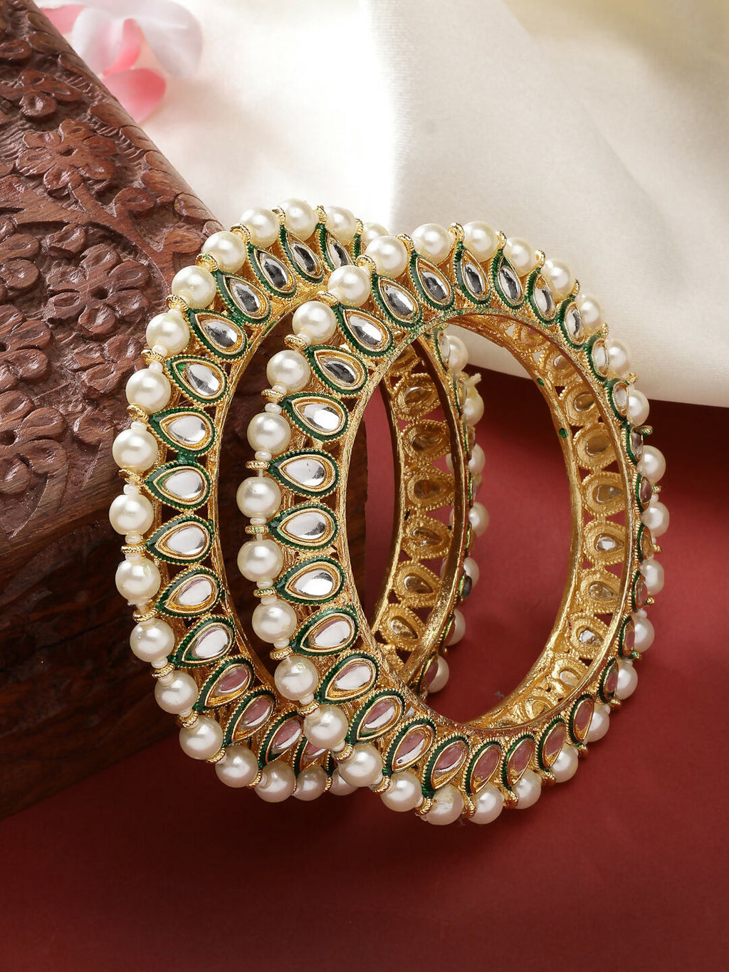 NVR Women's Set Of 2 Gold-Polished Kundan-Studded & Pearls-Beaded Bangles - Distacart