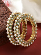 NVR Women's Set Of 2 Gold-Polished Kundan-Studded & Pearls-Beaded Bangles - Distacart
