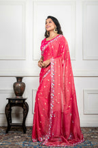 Morchari Pink Pure Chiffon Hand Embroidery Saree And Stitched Blouse - Distacart