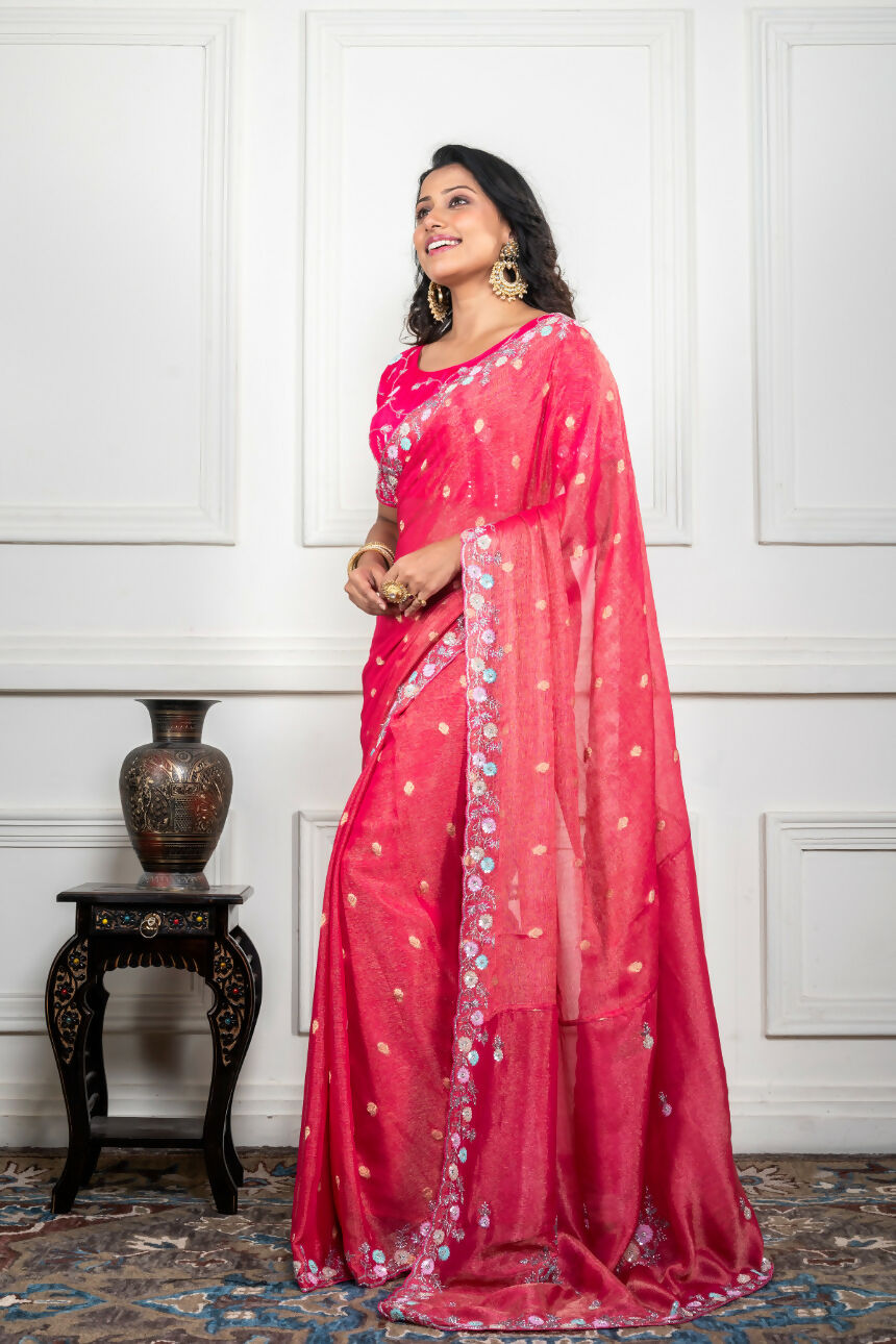 Morchari Pink Pure Chiffon Hand Embroidery Saree And Stitched Blouse - Distacart