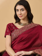 Maroon Silk Blend Embroidered Saree with Unstitched Blouse - Vairagi