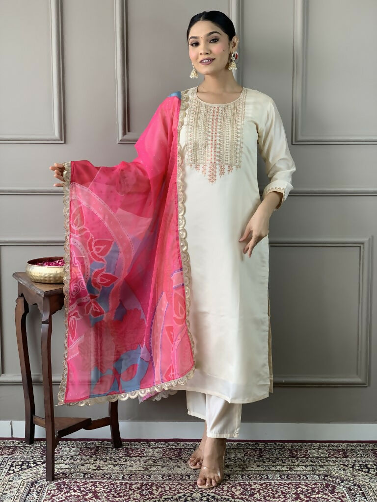 White Viscose Chanderi Stitched Suit With Dupatta - Tanisha