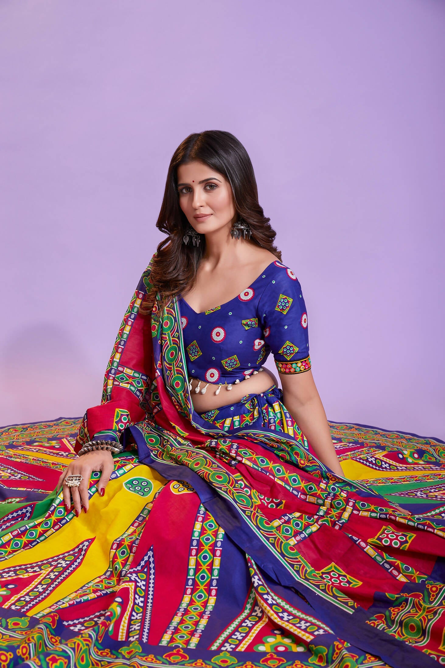 Multi Color Pure Cotton Hand Block Print Navratri Lehenga Choli with Dupatta - Raas